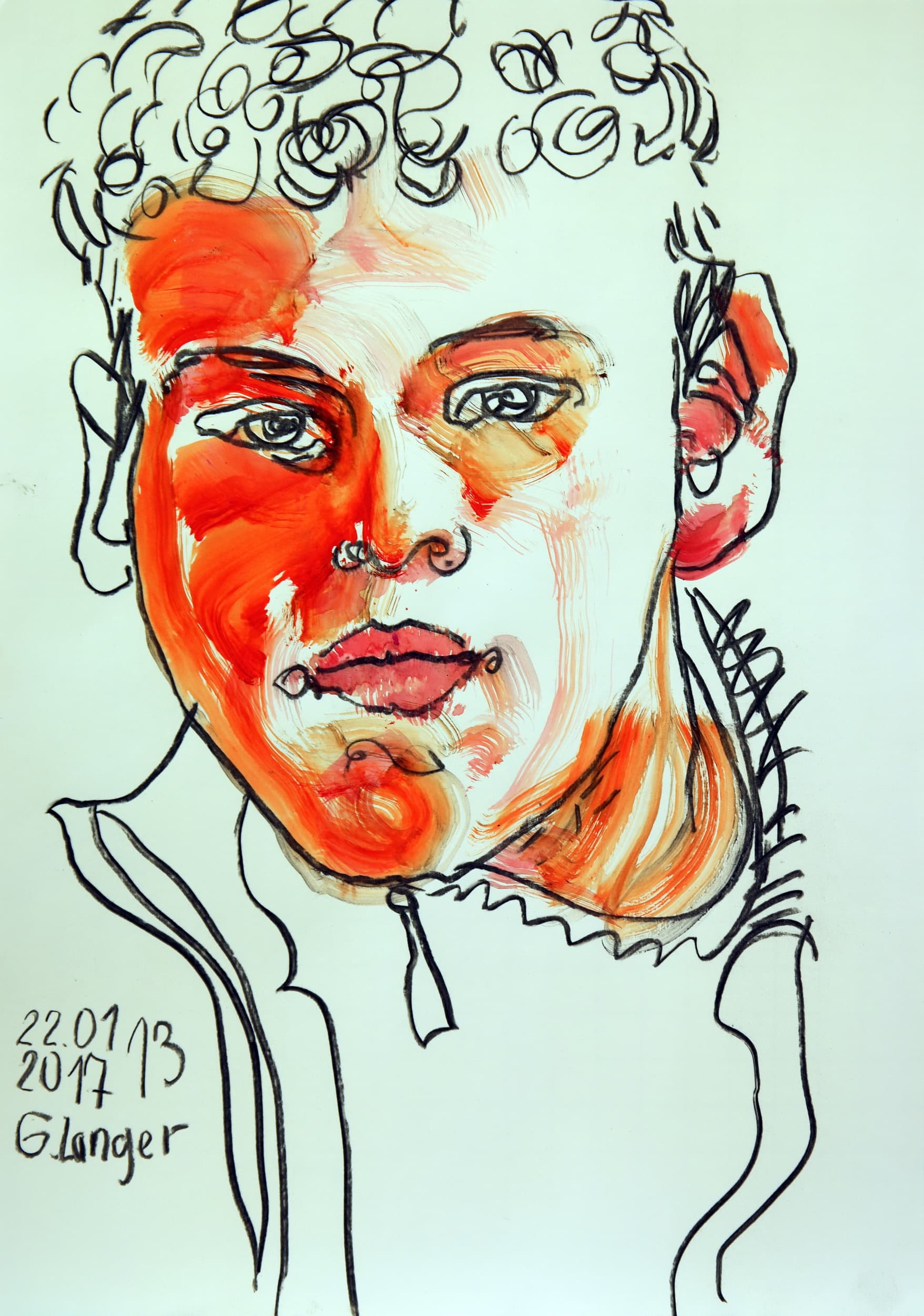 Gunter Langer, Portrait Mann, orange, Kelmut, 2017, Gouache Wasserfarbe Bleistift, Karton, 59 x 42 cm